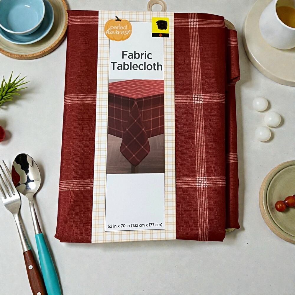 Perfect Harvest Fabric Tablecloth Fall Plaid Rectangle Burnt Orange 52" x 70"